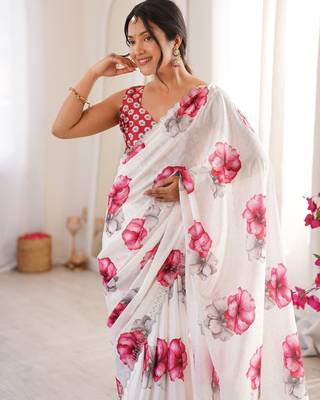 white silk blend digital printed saree with swarovski diamond work & blouse piece 5