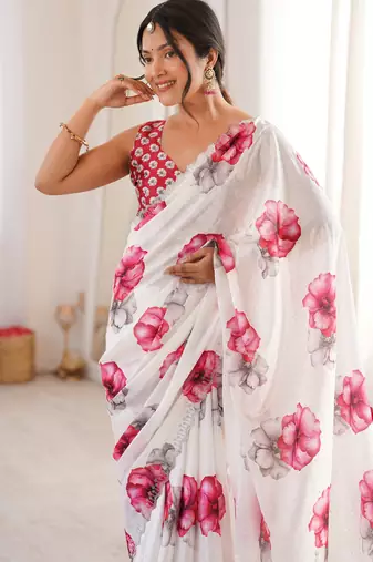 white silk blend digital printed saree with swarovski diamond work & blouse piece