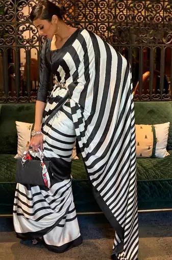 White original japan satin saree with digital print blouse