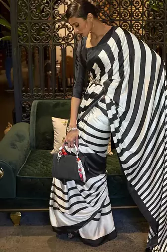 White original japan satin saree with digital print blouse