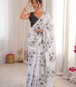 white silk blend digital printed saree with swarovski diamond work & blouse piece