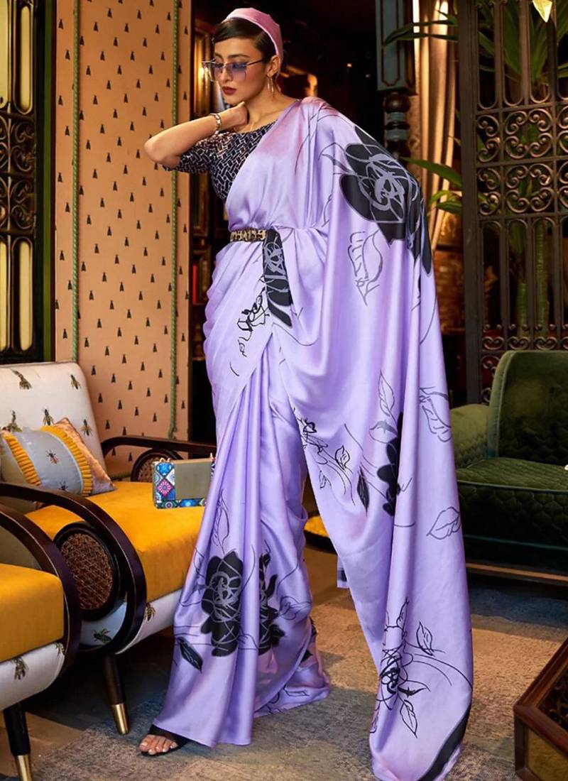 Lavender original japan devsena satin saree japan satin digital print blouse