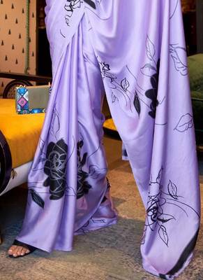 Lavender original japan satin saree with digital print blouse 2