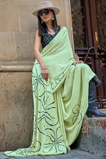 Sea green original japan devsena satin saree japan satin digital print blouse
