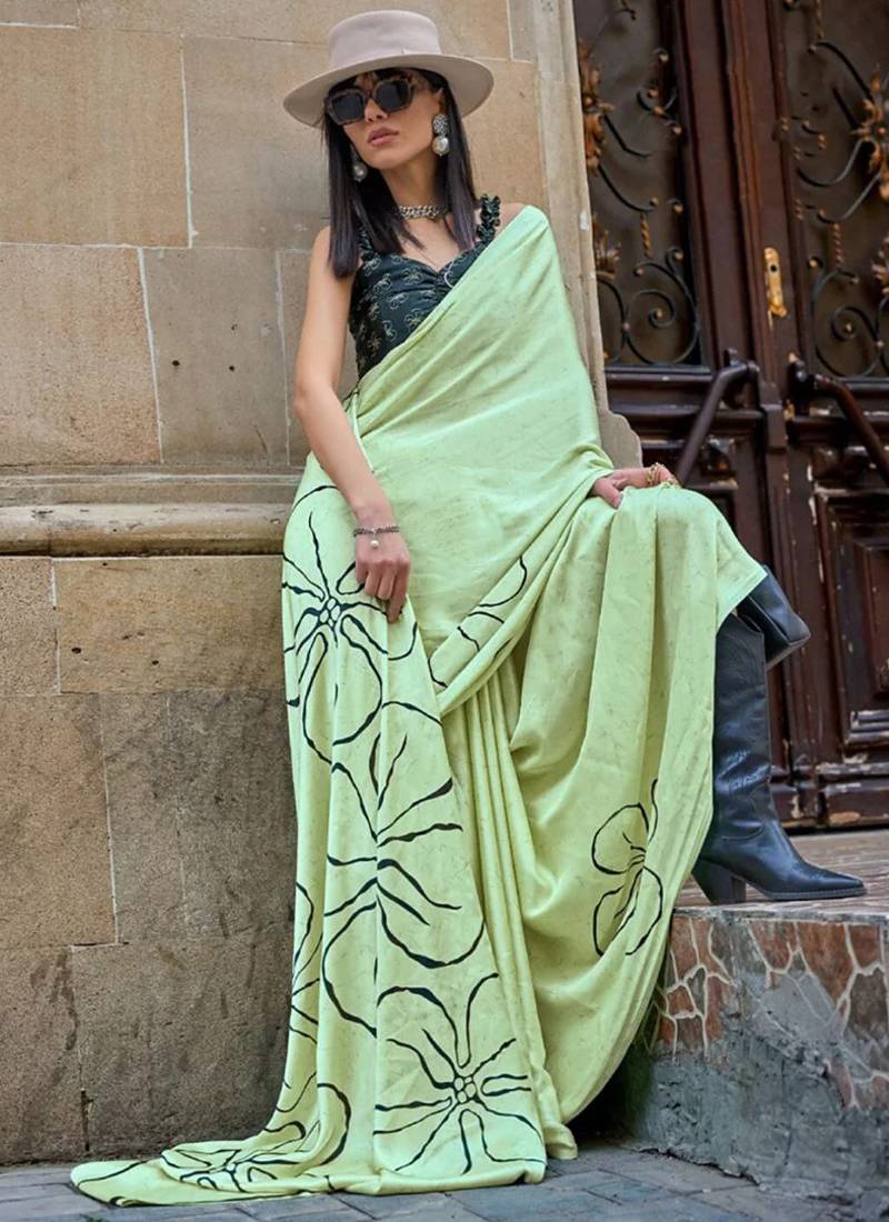 Sea green original japan devsena satin saree japan satin digital print blouse