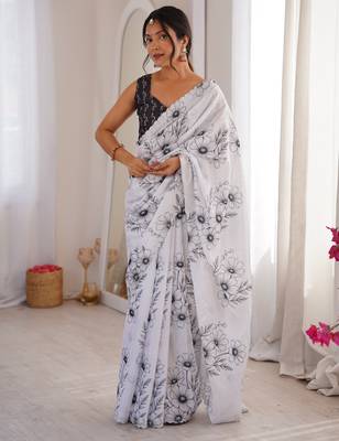 white silk blend digital printed saree with swarovski diamond work & blouse piece 4