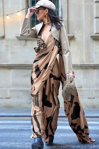 Brown original japan devsena satin saree japan satin digital print blouse