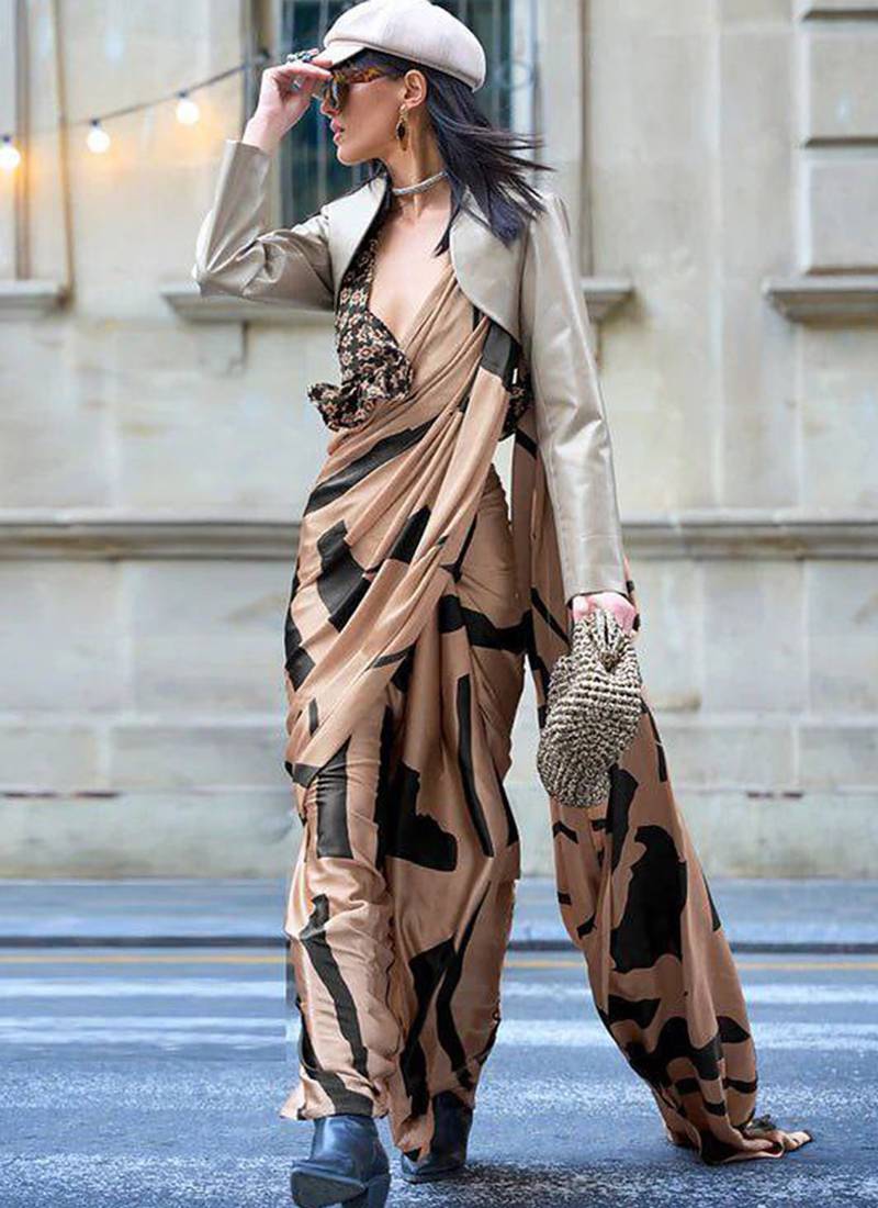 Brown original japan devsena satin saree japan satin digital print blouse