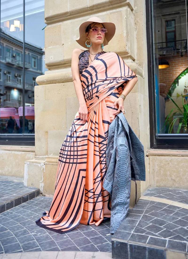 Peach original japan devsena satin saree japan satin digital print blouse