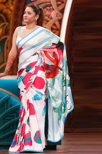 White original japan satin saree with digital print blouse
