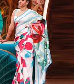 White original japan satin saree with digital print blouse