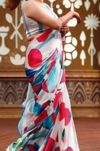 White original japan satin saree with digital print blouse