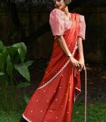 Red original japan devsena satin saree japan satin digital print blouse