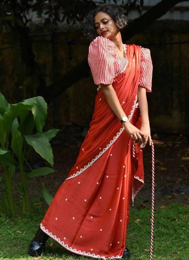 Red original japan devsena satin saree japan satin digital print blouse