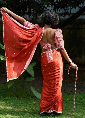 Red original japan satin saree with digital print blouse 2