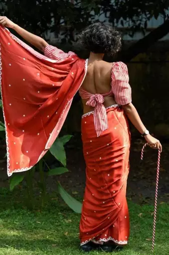 Red original japan satin saree with digital print blouse