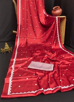 Red original japan satin saree with digital print blouse 5