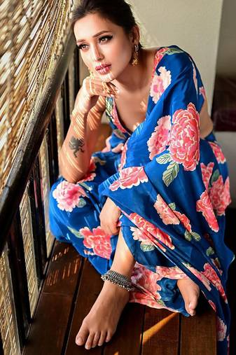 Blue original japan devsena satin saree japan satin digital print blouse
