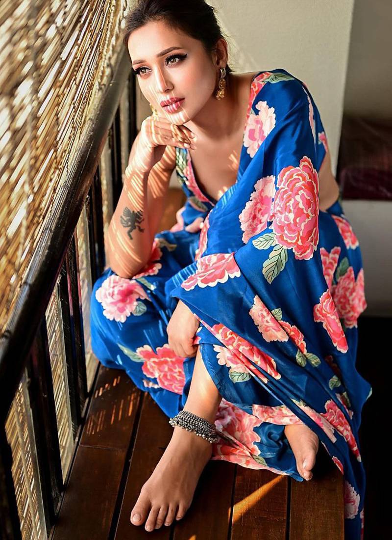 Blue original japan devsena satin saree japan satin digital print blouse