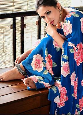Blue original japan satin saree with digital print blouse 2