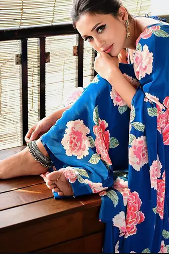 Blue original japan satin saree with digital print blouse