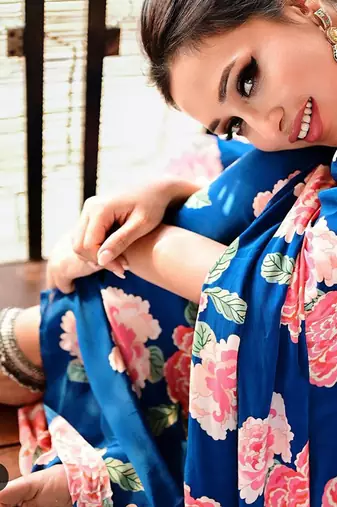 Blue original japan satin saree with digital print blouse