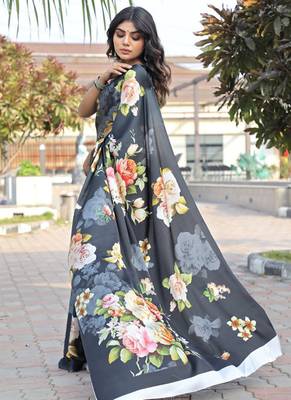 Black original japan satin saree with digital print blouse 2
