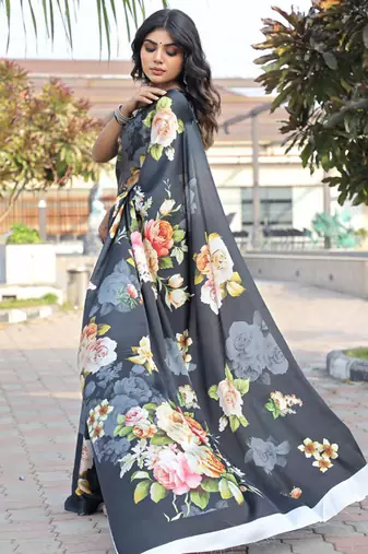 Black original japan satin saree with digital print blouse