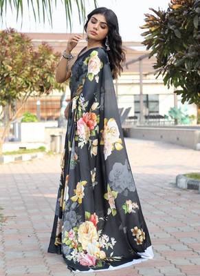 Black original japan satin saree with digital print blouse 3