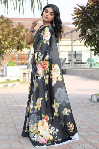 Black original japan satin saree with digital print blouse