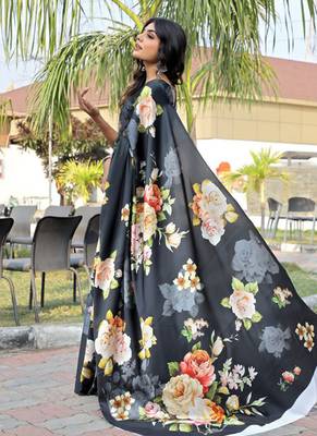 Black original japan satin saree with digital print blouse 4