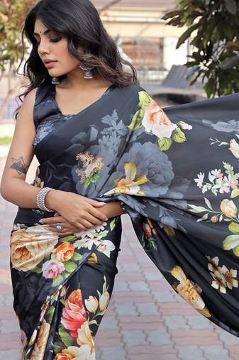 Black original japan devsena satin saree japan satin digital print blouse