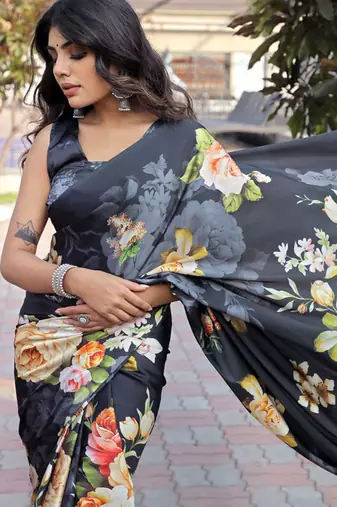 Black original japan devsena satin saree japan satin digital print blouse