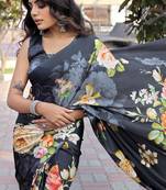 Black original japan devsena satin saree japan satin digital print blouse