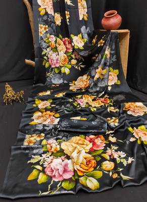 Black original japan satin saree with digital print blouse 5