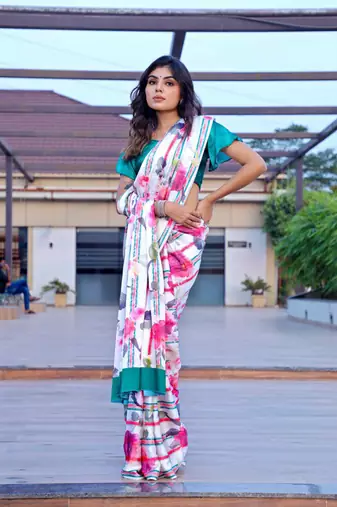 White original japan devsena satin saree japan satin digital print blouse