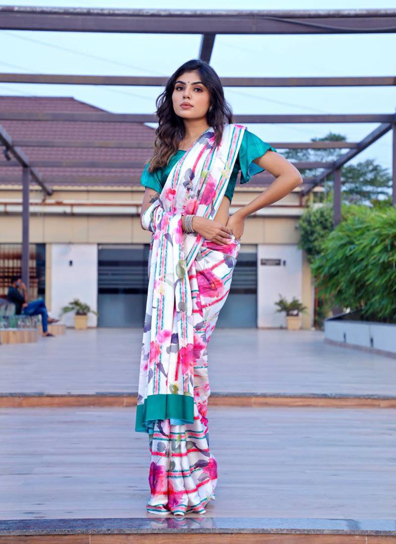 White original japan devsena satin saree japan satin digital print blouse