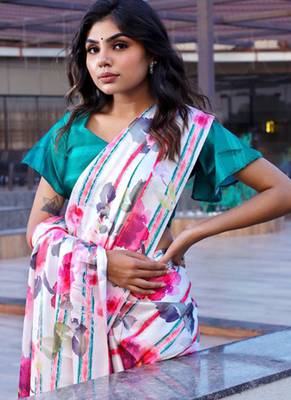 White original japan satin saree with digital print blouse 2