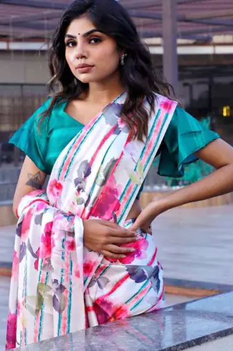 White original japan satin saree with digital print blouse