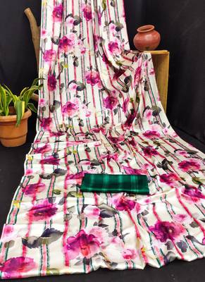 White original japan satin saree with digital print blouse 4