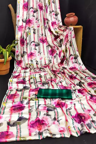 White original japan satin saree with digital print blouse