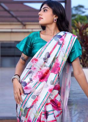 White original japan satin saree with digital print blouse 5
