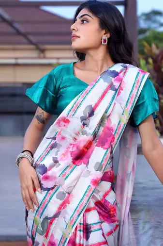White original japan satin saree with digital print blouse