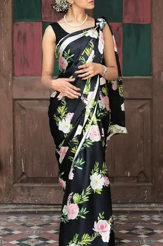 Black original japan devsena satin saree japan satin digital print blouse