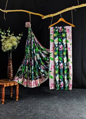 Black original japan satin saree with digital print blouse 2