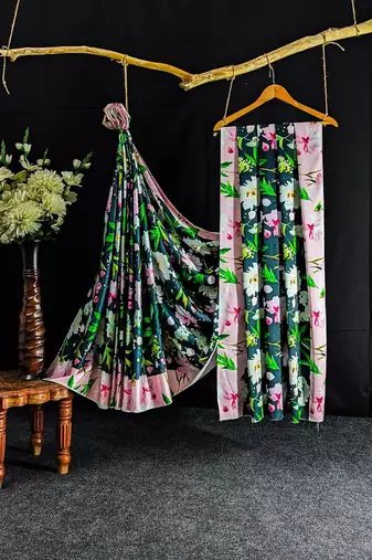 Black original japan satin saree with digital print blouse