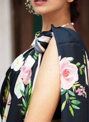 Black original japan satin saree with digital print blouse 5