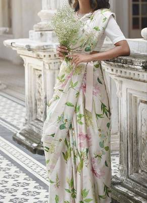 White original japan satin saree with digital print blouse 1