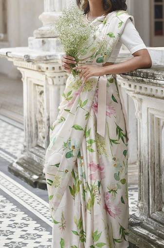 White original japan devsena satin saree japan satin digital print blouse