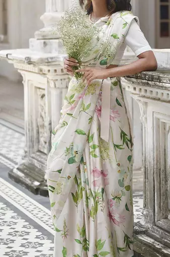 White original japan devsena satin saree japan satin digital print blouse